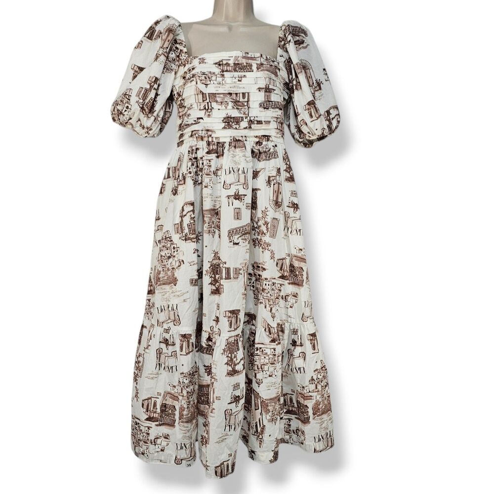 Abercrombie & Fitch Brown Toile Print Smocked Square Neck Tiered Garment Size M